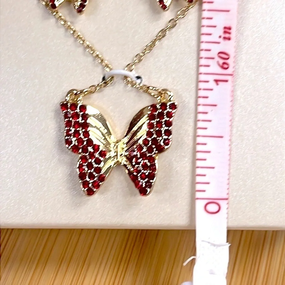 Brand New Butterfly Necklace & Post Earring Set Gold Tone Red Crystal Rhinestone